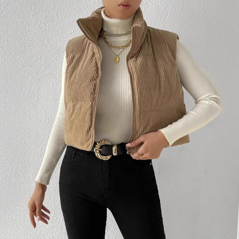 European and American autumn and winter zipper vest women's corduroy short outerwear autumn and winter new autumn and winter new retro vest women's thickened cotton-padded jacket Item Picture
