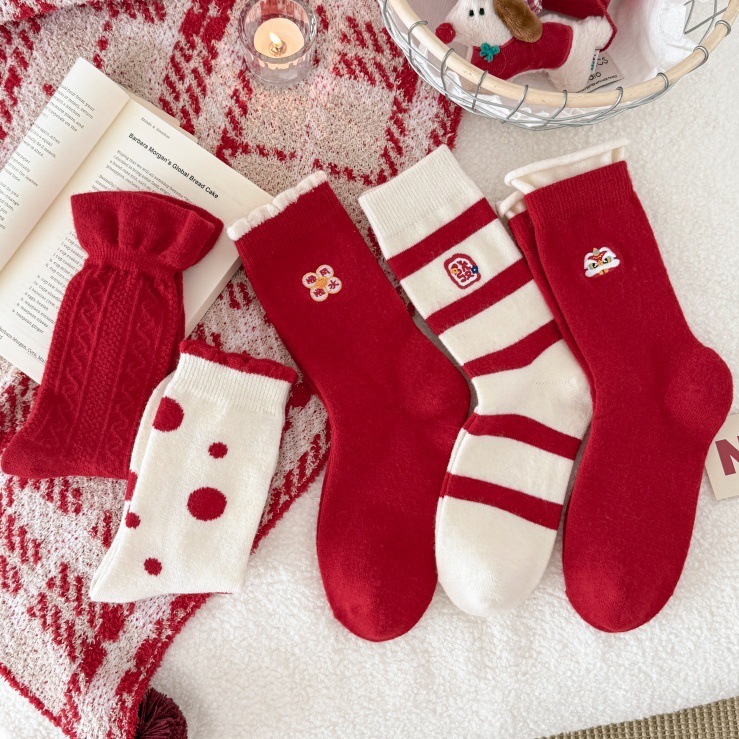 羊毛袜本命年大红袜子女秋冬保暖马年条纹中筒袜新年袜加厚堆堆袜