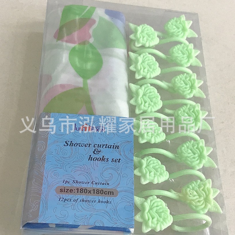 北欧风加厚PEVA印花卫生间浴帘花朵盒装套装花钩浴帘隔断防水浴帘