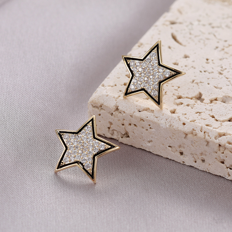 旭晖饰品新款铜锆镀真金银针气质百搭星星耳饰滴油耳钉高级感批发
