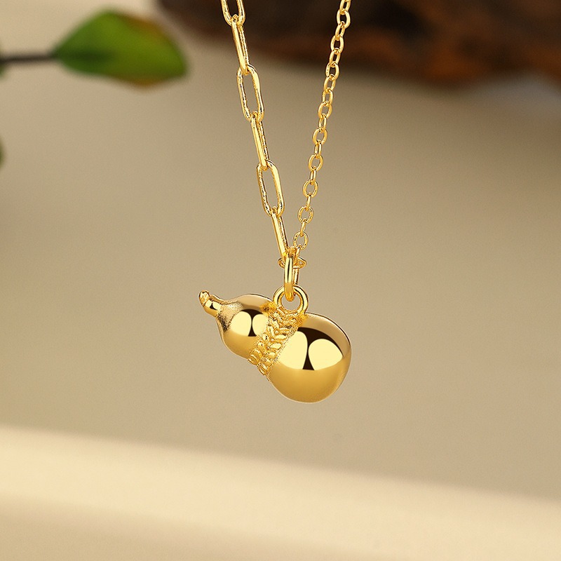 Fu Lu Ji Xiang Ancient Method sand gold Gourd Pendant, New Chinese style Traditional Chinese style copper gold-plated sword and gourd necklace for women