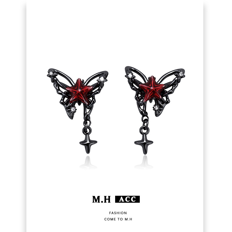 Red Star Butterfly Shadow Earrings are fashionable, unique, individual and exquisite for women. Dark style and hot girl charm. 925 silver needle stud earrings wholesale