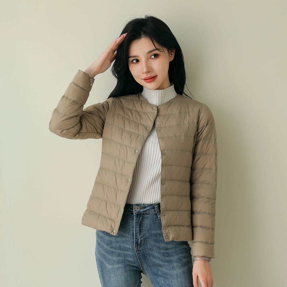 Pinghu down jacket V-neck round neck thin, light, solid color simple white duck down women's inner liner light down jacket jacket details Picture
