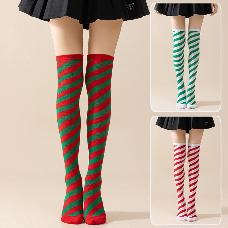 跨境圣诞节过膝袜蝴蝶结毛球长筒袜条纹袜圣诞绿白斜条纹长筒袜产品图