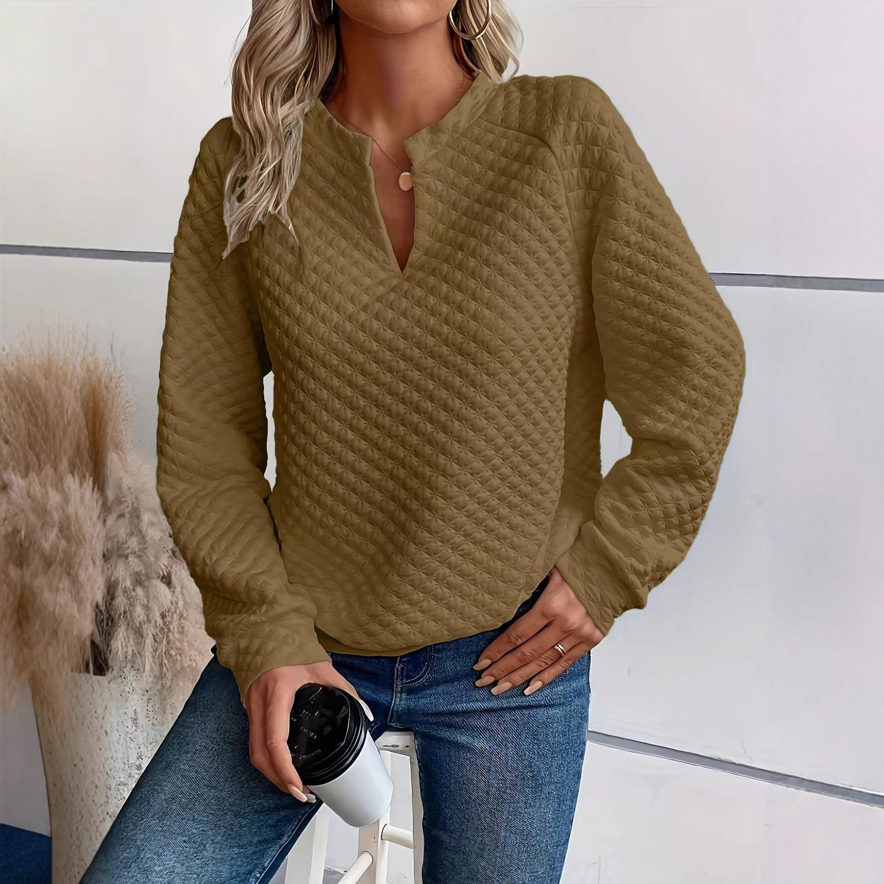 Autumn new 2025 Amazon European and American cross-border women's solid color deep V-neck spliced long-sleeved women's casual hoodie details Picture