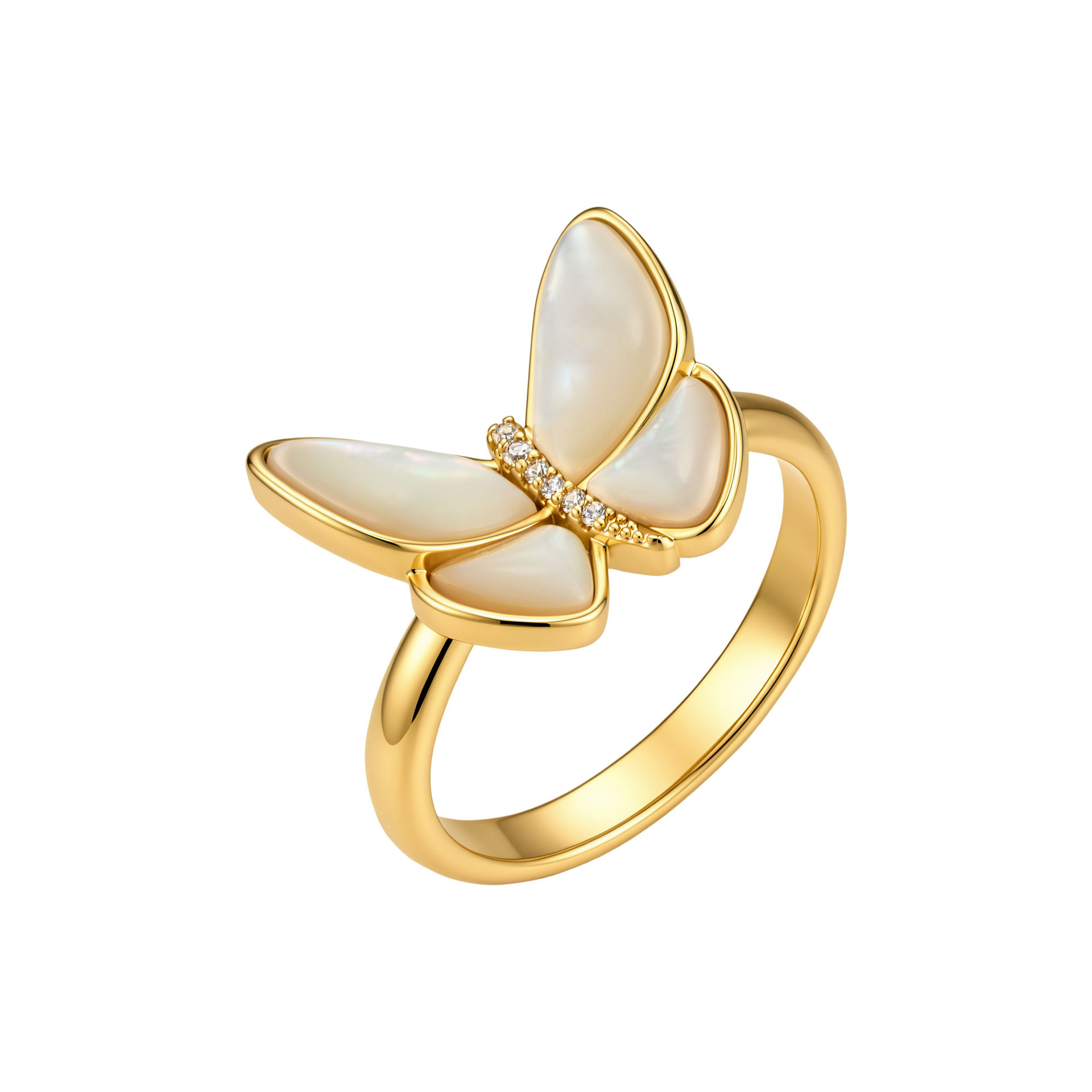 Factory direct supply of natural mother-of-pearl butterfly open ring, copper alloy, real gold electroplating, adjustable light luxury ring wholesale Item Picture