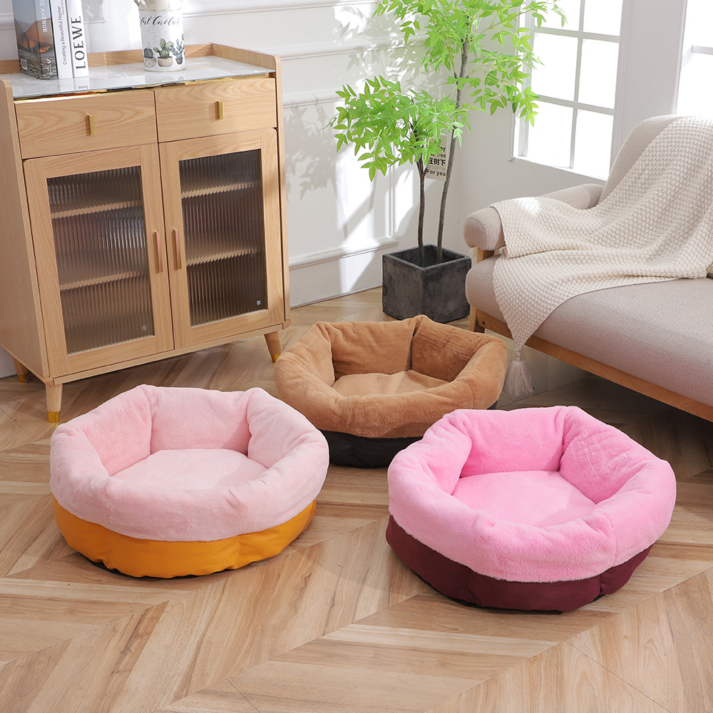 Winter fleece thickened pet sleeping beds, thickened rabbit fur turned out, pet round beds, thickened anti-slip bottom dog beds wholesale details Picture