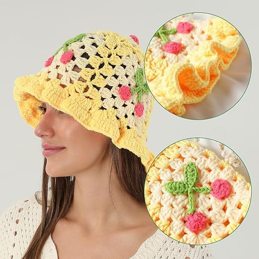 Crossover venta caliente puro hecho a mano tejido cereza hecho a mano sombrero de borde de onda sombrero lindo para las mujeres otoño invierno día details Picture
