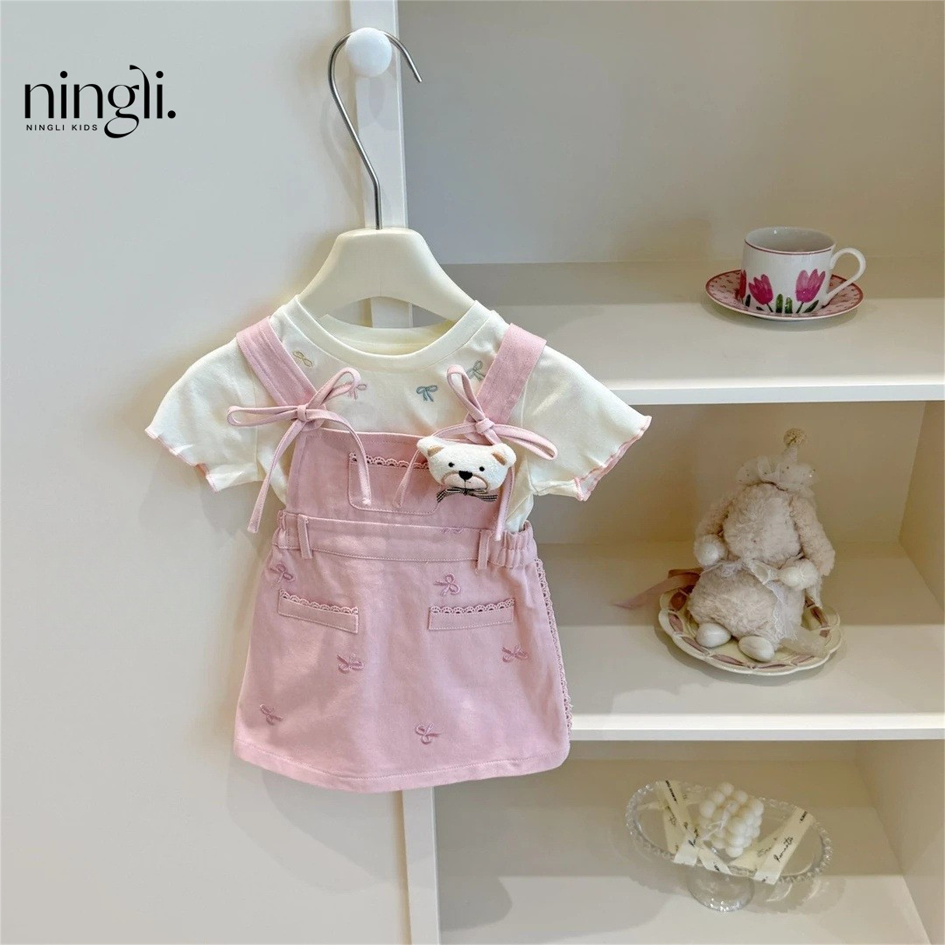 柠里夏季新款樱花粉粉!女宝宝甜酷显白粉色蝴蝶结背带裙T恤套装潮