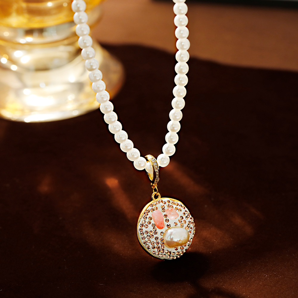 Hyacinth round pearl necklace, women's fashion, light luxury, pink all-purpose pendant, new Chinese style, super ethereal charm, enamel drop glaze Application Scenario