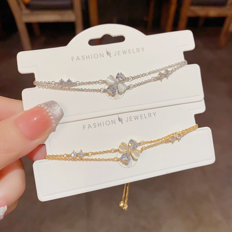 微镶锆石猫眼石花朵双层手链小众设计轻奢精致甜美手环ins百搭