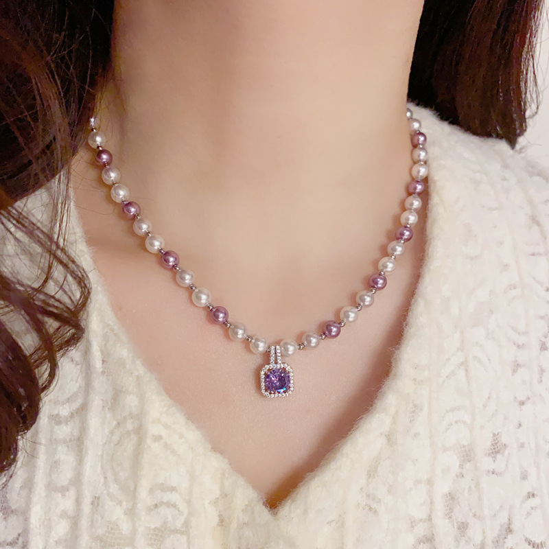 法式复古方形紫色锆石珍珠项链优雅轻奢气质小众百搭高级感锁骨链
