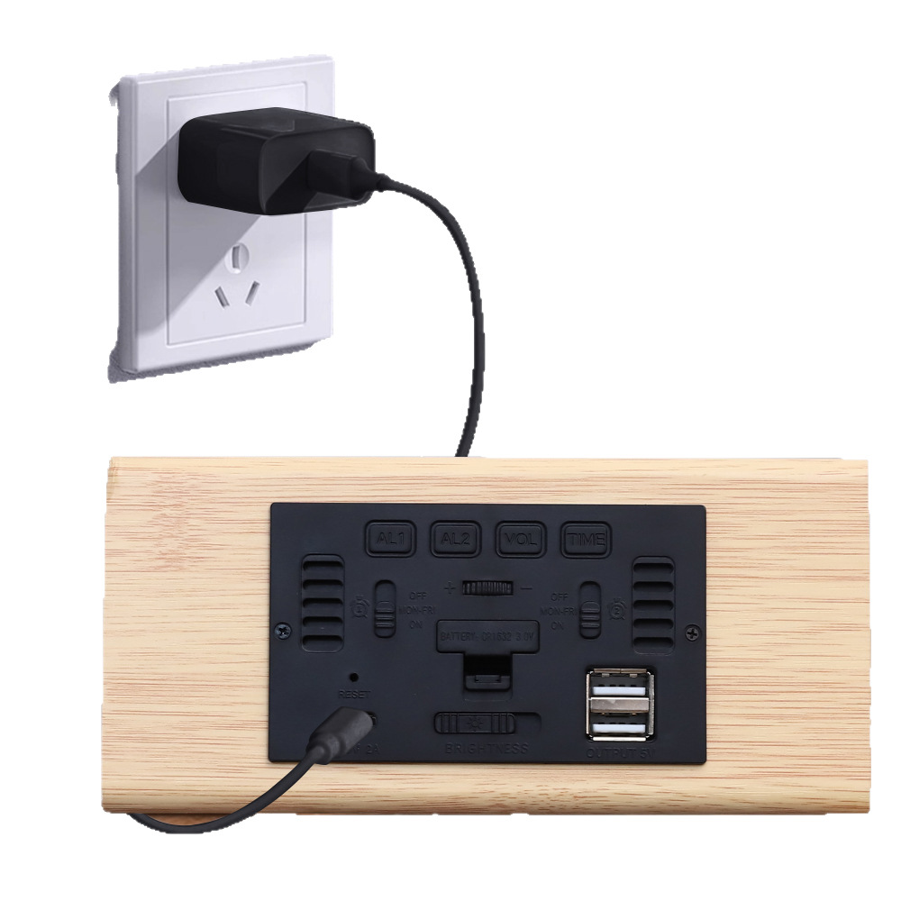 厂销LED木头钟数字夜光静音电子闹钟办公电子钟多功能学生时钟白底实物图