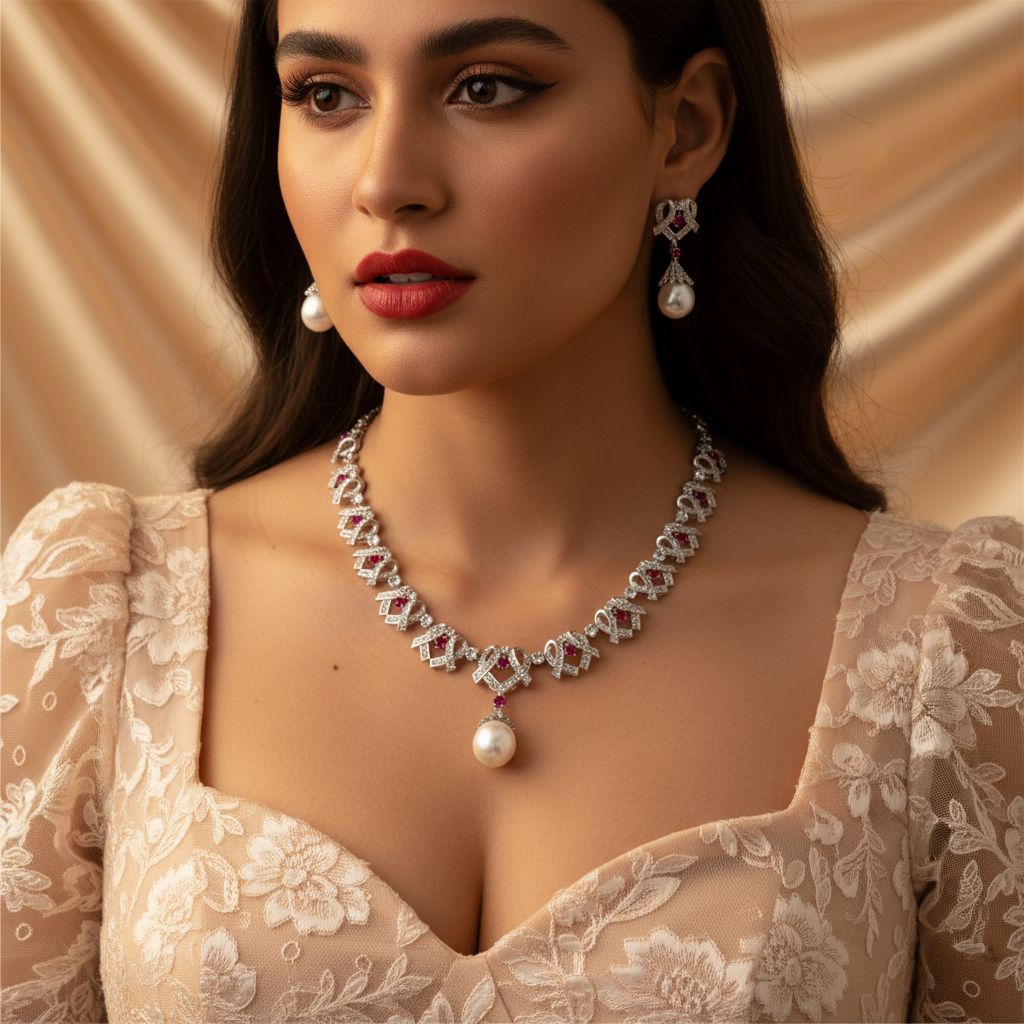Cross-border European and American pearl zircon necklace, earrings and jewelry set, studded with diamonds, rope knot fashionable and versatile accessories wholesale