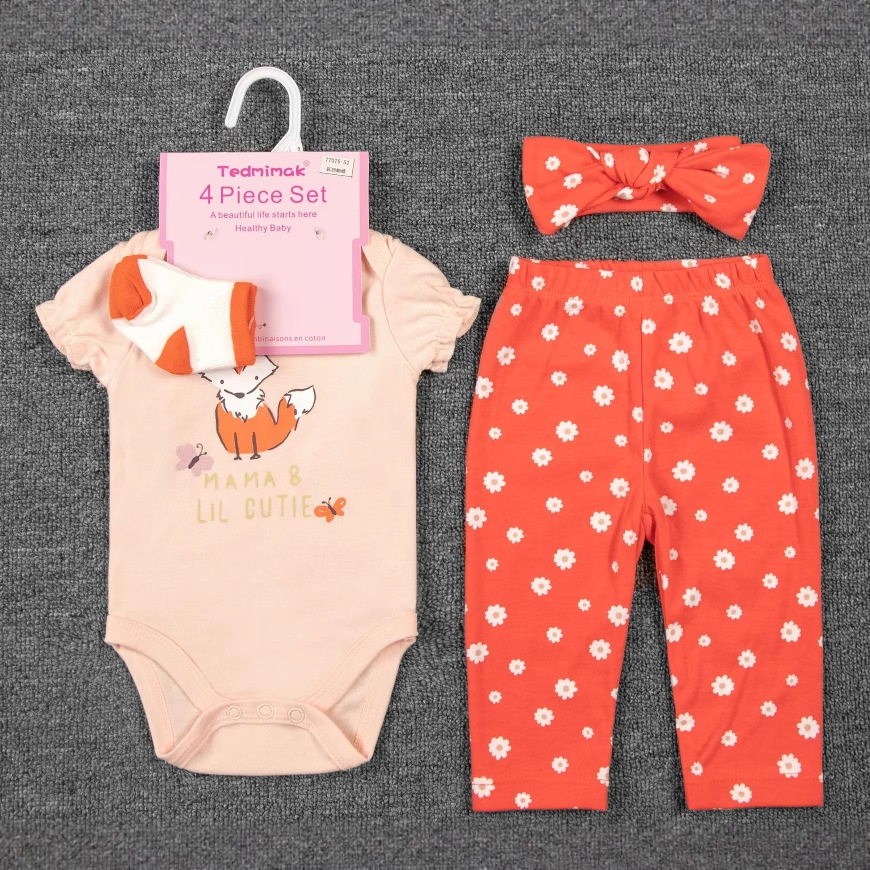 In 2025, factory direct supply to Europe and America for cross-border wholesale of 4-piece baby and children's sets, including Ha clothes, long pants, hair bands and socks Item Picture