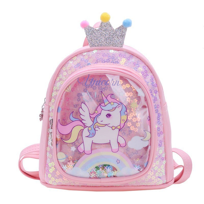 The 2024 new children's pu backpacks, cute cartoon printed small schoolbags for kindergarten girls, and sequined small backpacks are all trendy