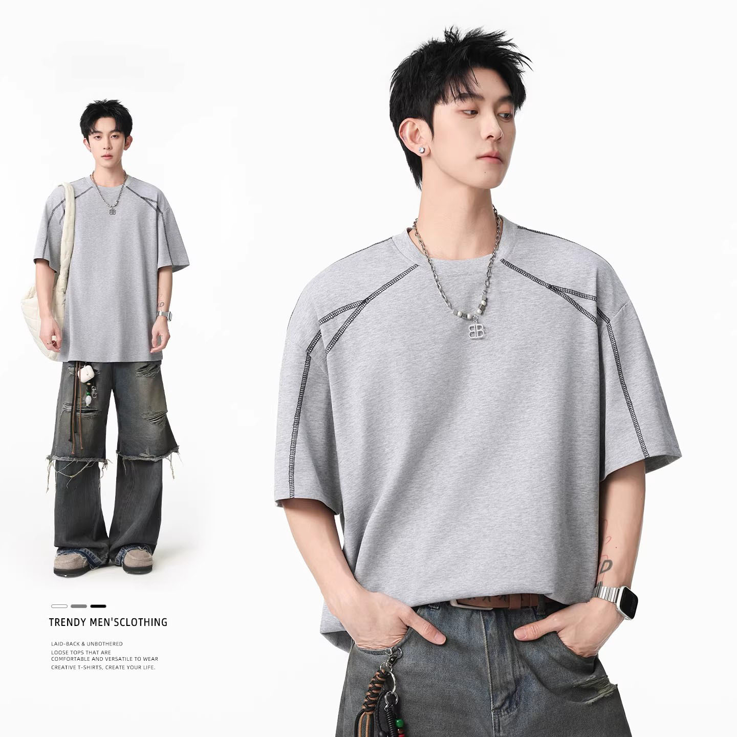 2026 New style pure cotton short-sleeved men's T-shirt, summer thin deconstructed trendy clothing, men's top drop shoulder half-sleeve