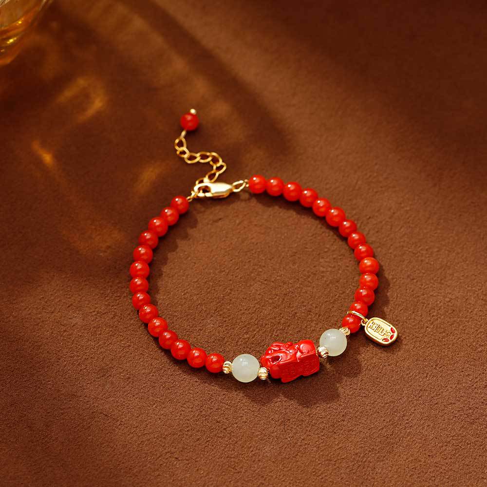 Hyacinth medieval design red agate PI Xiu bracelet, peace and Good fortune beaded bracelet, New Chinese-style New Year festive red jewelry