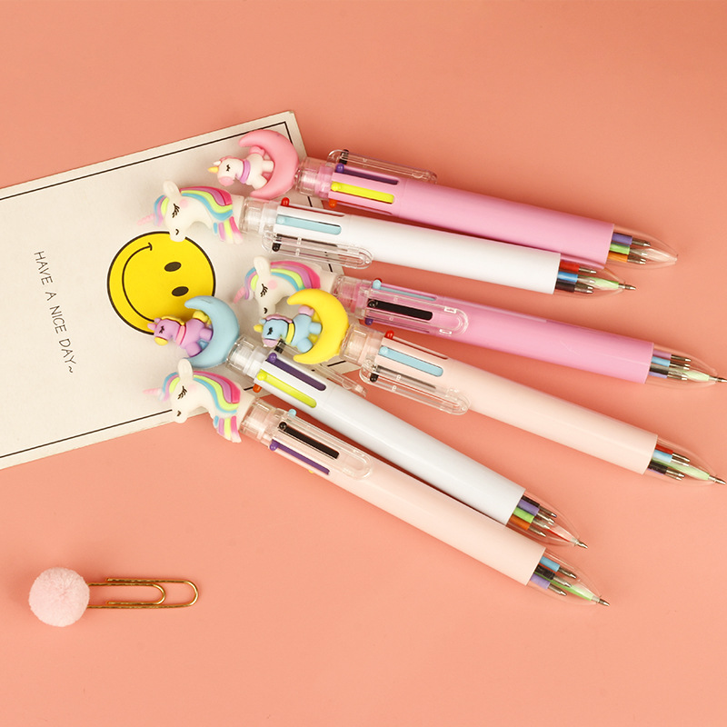 Creative 6-color pens, colored ballpoint pens, cute and girlish, cartoon pink pigs, unicorns, swans, magic wand stationery details Picture