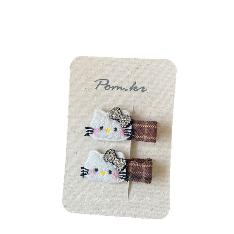 Korean version new cartoon KT children's hair clip, cute cat girl, sweet bangs, side clip, checkered embroidery, handcrafted Pom.kr knitted hair clip: checkered polka dot butterfly autumn and winter sweet girl, cute style headwear, matching hair accessory Item Picture