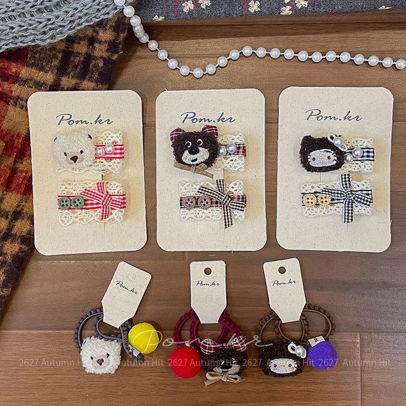 Nuevo estilo de dibujos animados coreanos osos pinza mano para niños lateral pelo roto pinza flequilla bola de pelo lindo anillo de pelo elástico mujeres Pom.kr peluche adornos de pelo peluche peluche peluche erizo plaid encaje decoración chica otoño Specification image