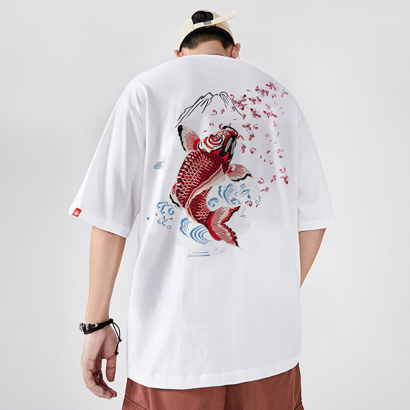 Summer new Chinese-style heavy embroidery carp pure cotton loose ethnic style men's short-sleeved T-shirts for men and women Specification image