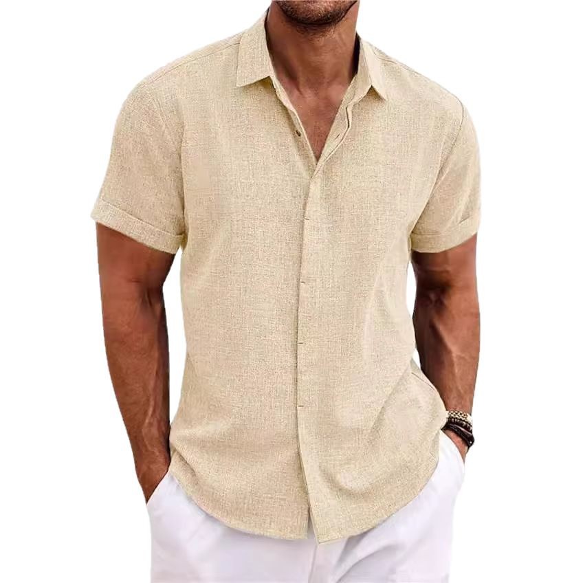 Men's linen short-sleeved T-shirt, loose undershirt, solid color short-sleeved cotton and linen shirt, men's beach large-sized men's short-sleeved shirt Specification drawing