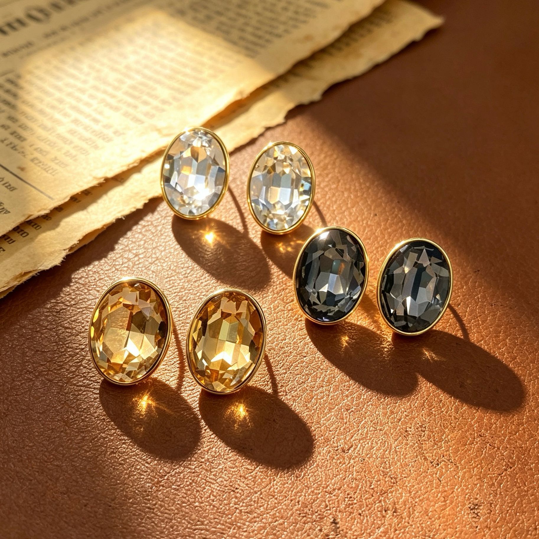 Wholesale of retro oval-cut large crystal ear studs, multi-color golden-edge water diamond ear rings, and versatile earrings with a light luxury atmosphere