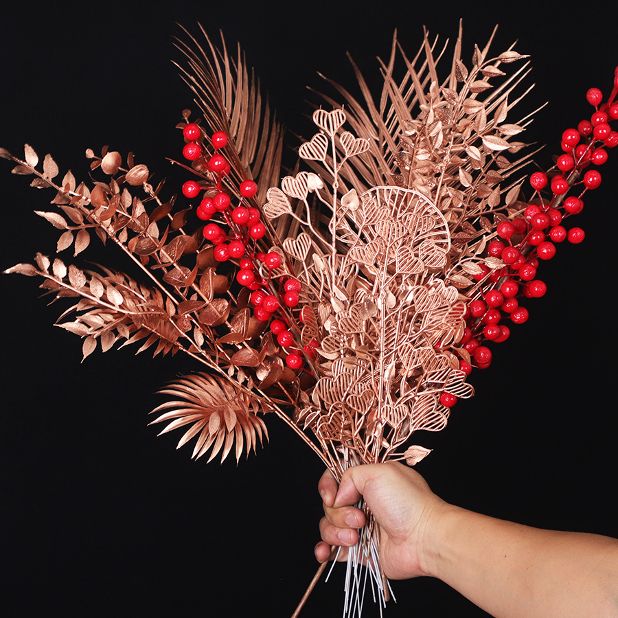 Cross-border exclusive simulation single-fork rose, gold ginkgo, eucalyptus diy flower arrangement, New Year's flowers, photography props, lucky bucket Specification image