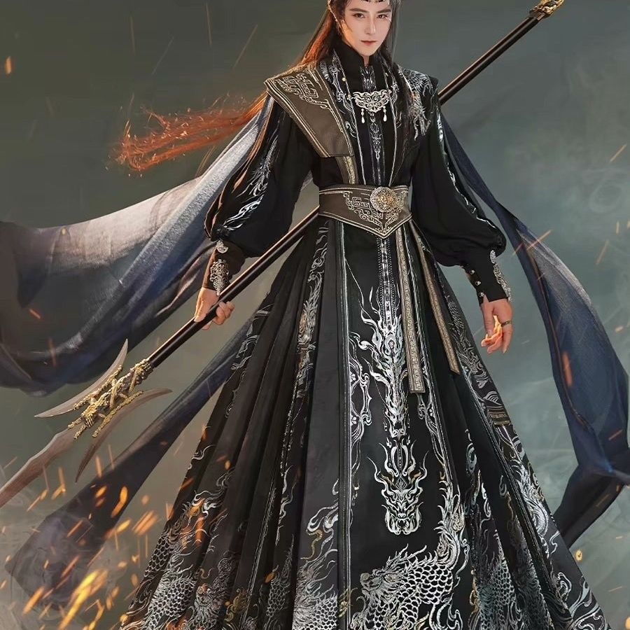 The new national trend Hanfu men's Lanling Wang blue, gold and black cool horse face dress and costume, the new national style grand ceremony Immortal martial arts set details Picture
