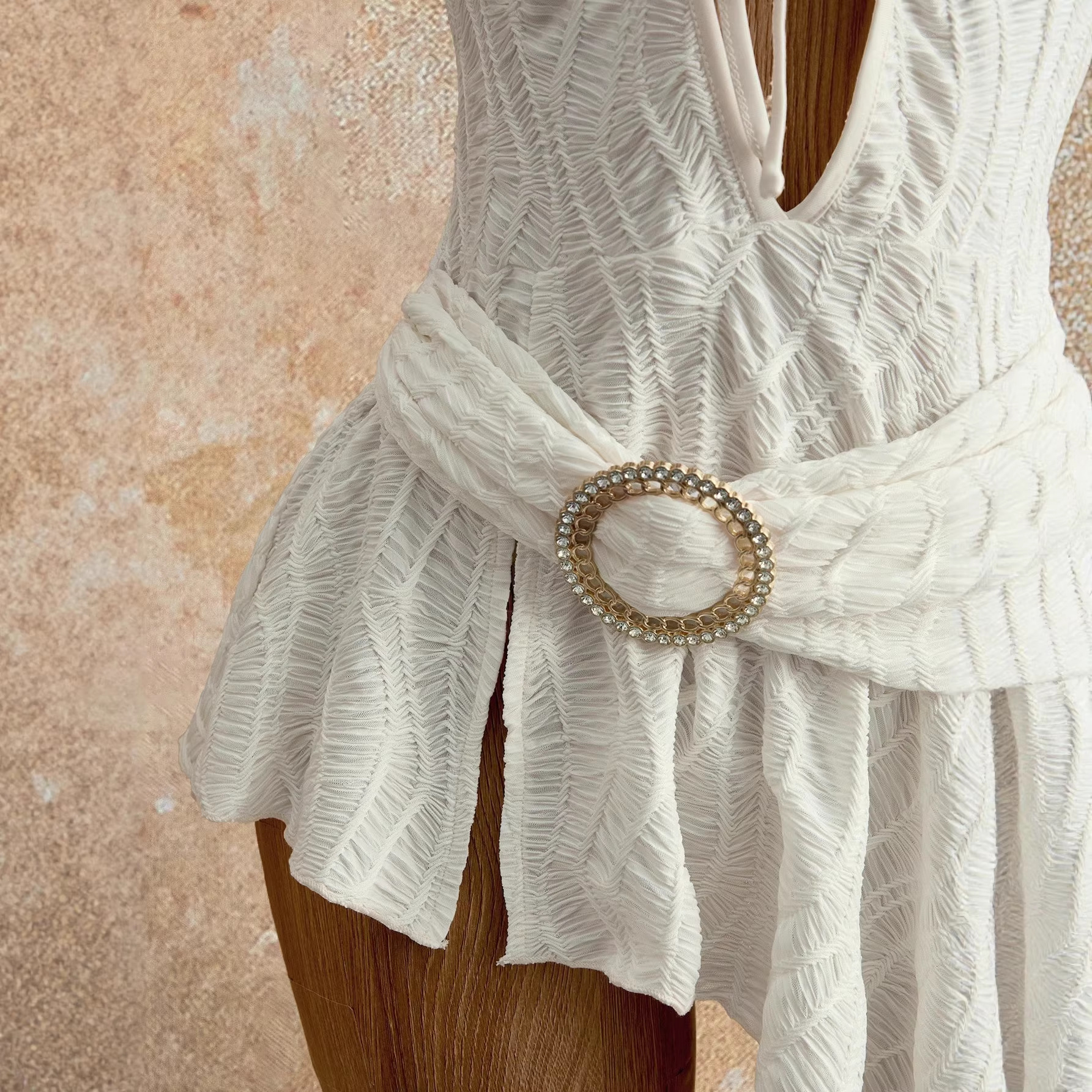 A new white textured fabric off-the-neck deep V-belt irregular sexy dress for women from Amazon, Europe and America details Picture