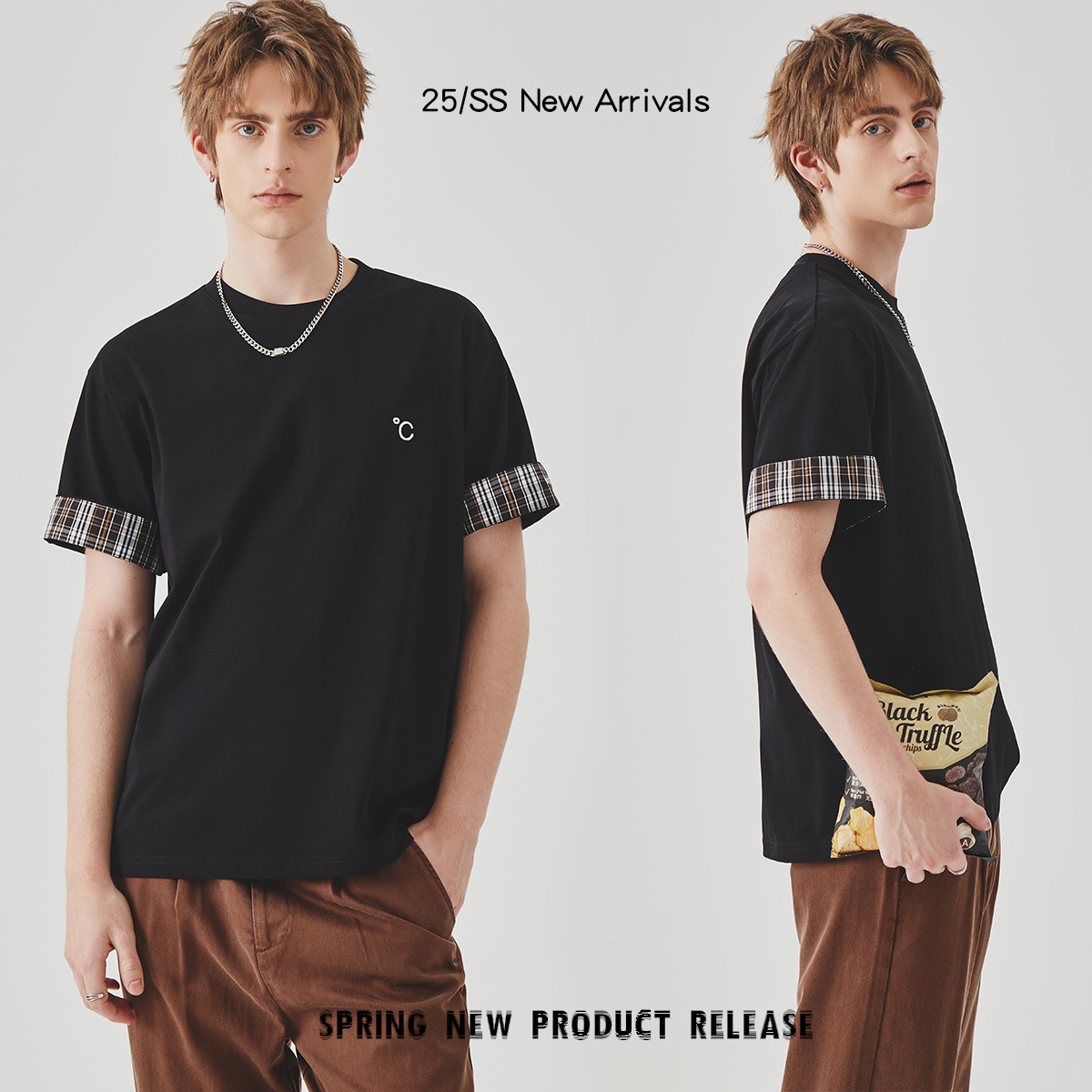 APO Men's Wear 2025 New short-sleeved T-shirt Men's fashion brand summer high-quality loose round-neck checkered top Specification image