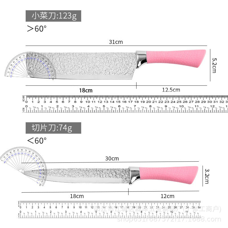 Customized kitchen knife set, six-piece set, suction card stainless steel hammer-patterned horseshoe-handled kitchen knife, chef's knife, and melon shaver set Application Scenario
