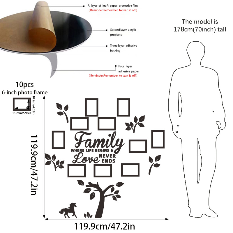 The family tree wall with acrylic photo frames can be removed for artistic decoration in the living room, bedroom, kitchen, dining room, office and home Item Picture