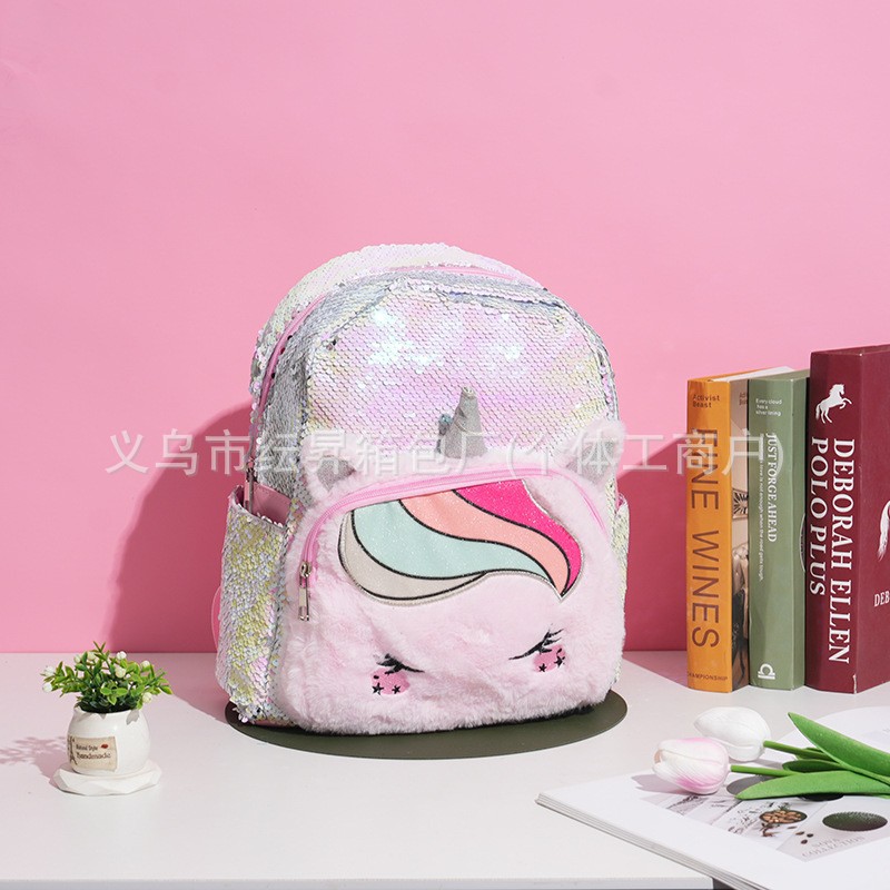 Cross-border supply of sequined unicorn children's backpacks, plush embroidered cartoon schoolbags, large-capacity bags, fresh and sweet Application Scenario