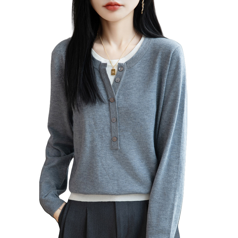 Wool blend 2026 Spring new Women's loose round-neck two-piece fake pullover base knitted sweater Item Picture