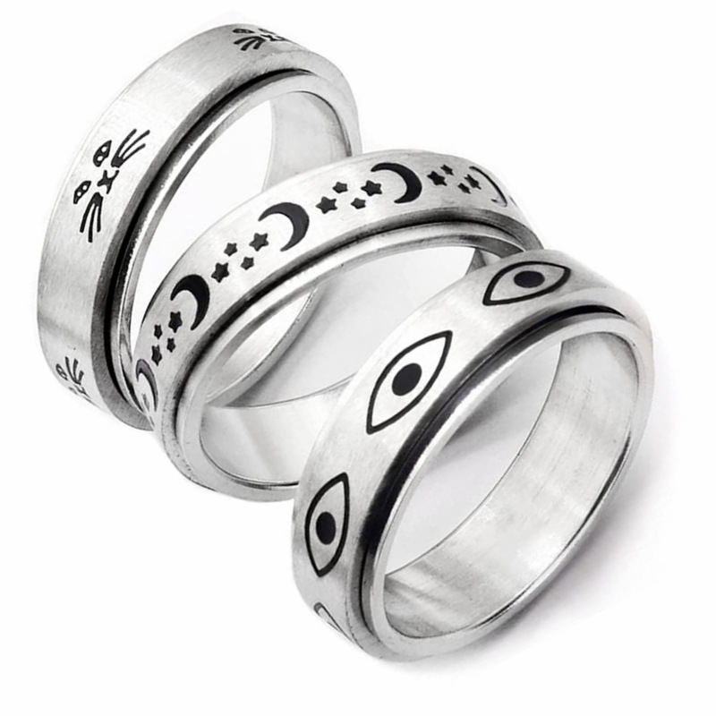 Amazon cross-border stainless steel pressure-reducing rotating star and Moon ring Titanium steel couple accessories Devil's Eye Ring Item Picture