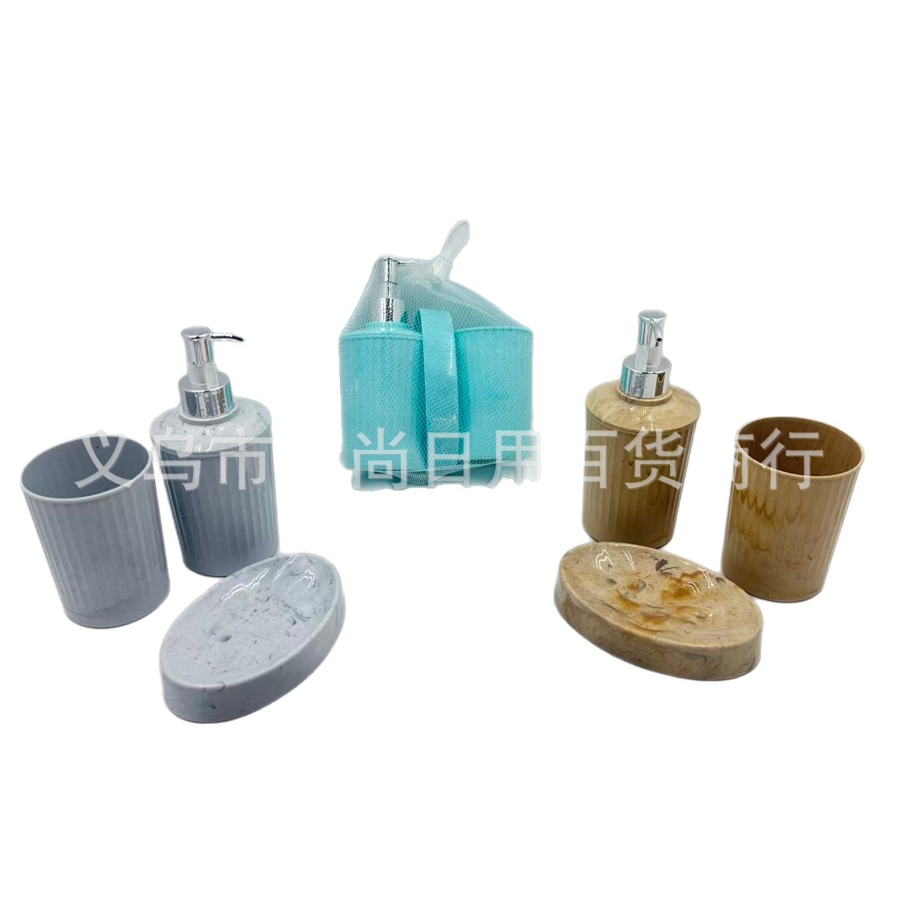 A light luxury round square PP flow-patterned three-color lotion bottle, gold and silver pump head, soap box, mouth cup and three-piece toiletries set Item Picture