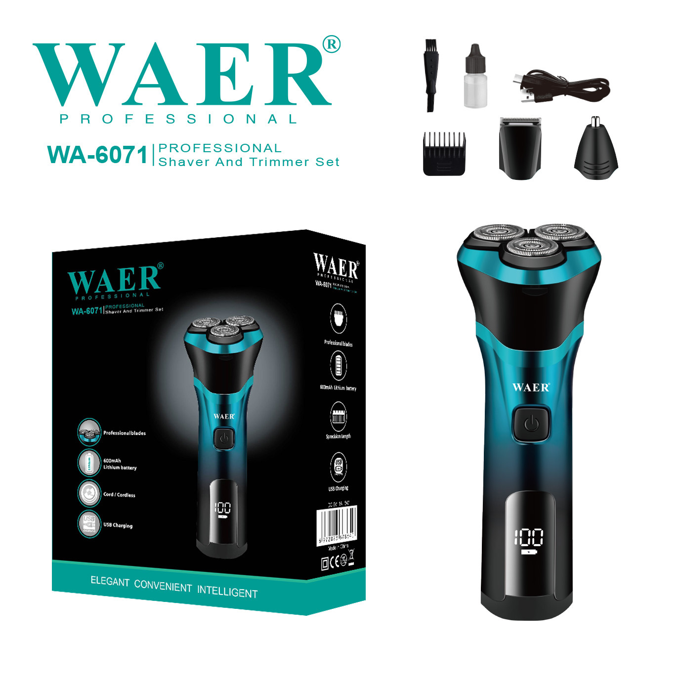 佤尔WAER跨境新款电动剃须刀外贸三刀头数显刮胡须刀通用款电推剪