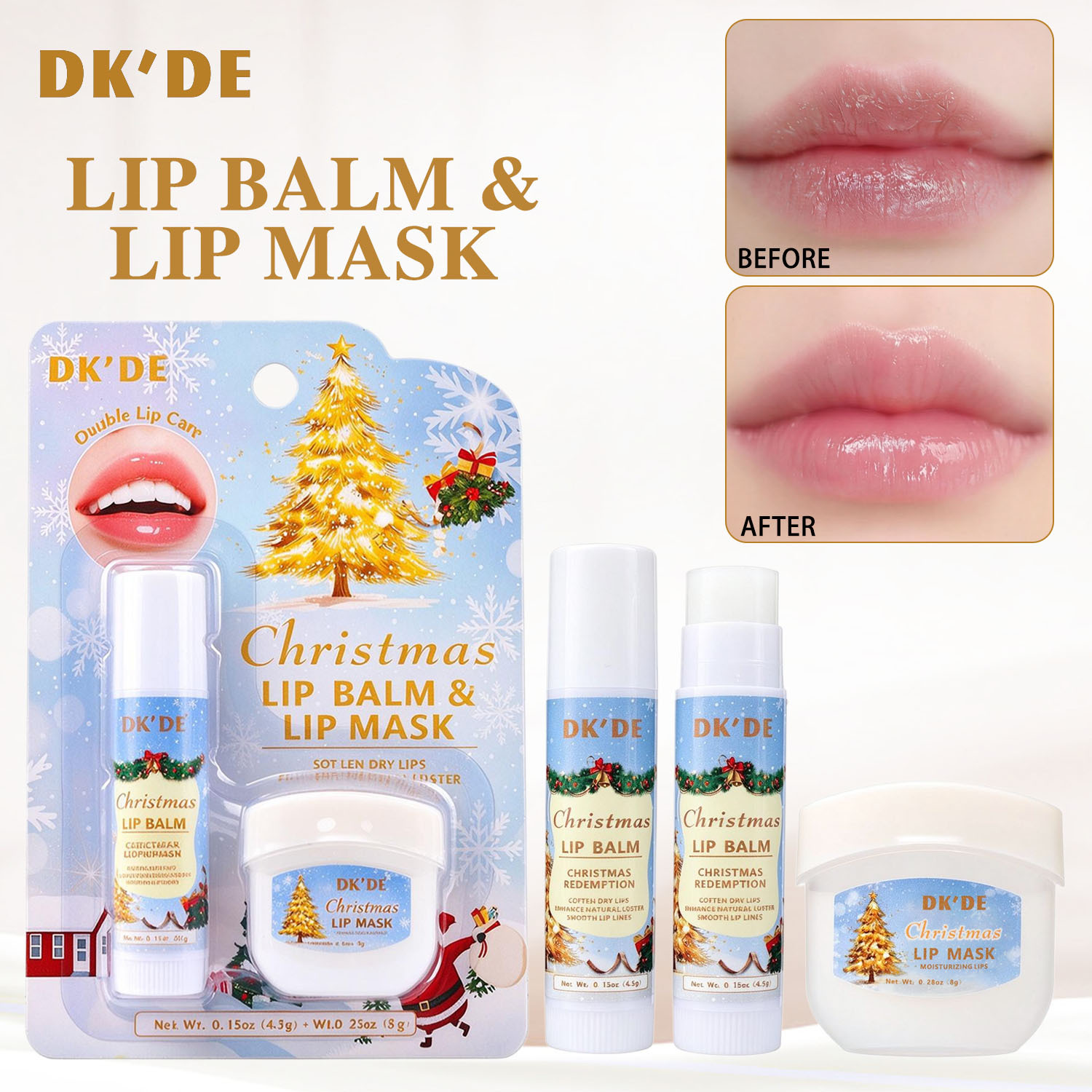 【 Cross-border Exclusive 】DKDE+ 3-color Christmas Lip Mask + Lipstick Set: Soft, firm, hydrating, Protective and anti-cracking Specification image