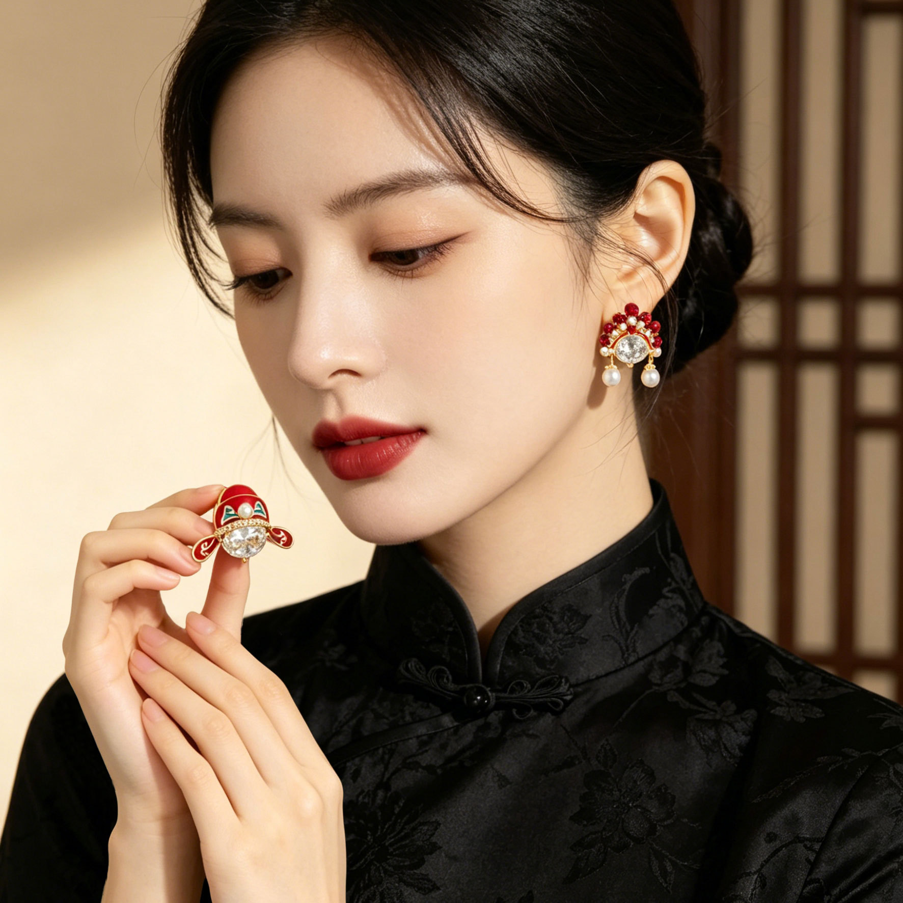 Nuevo estilo chino China China China ópera de pekín cara pareja pendientes aleación de cobre oro real chapado con circonio pendientes s925 plata aguja auricular details Picture