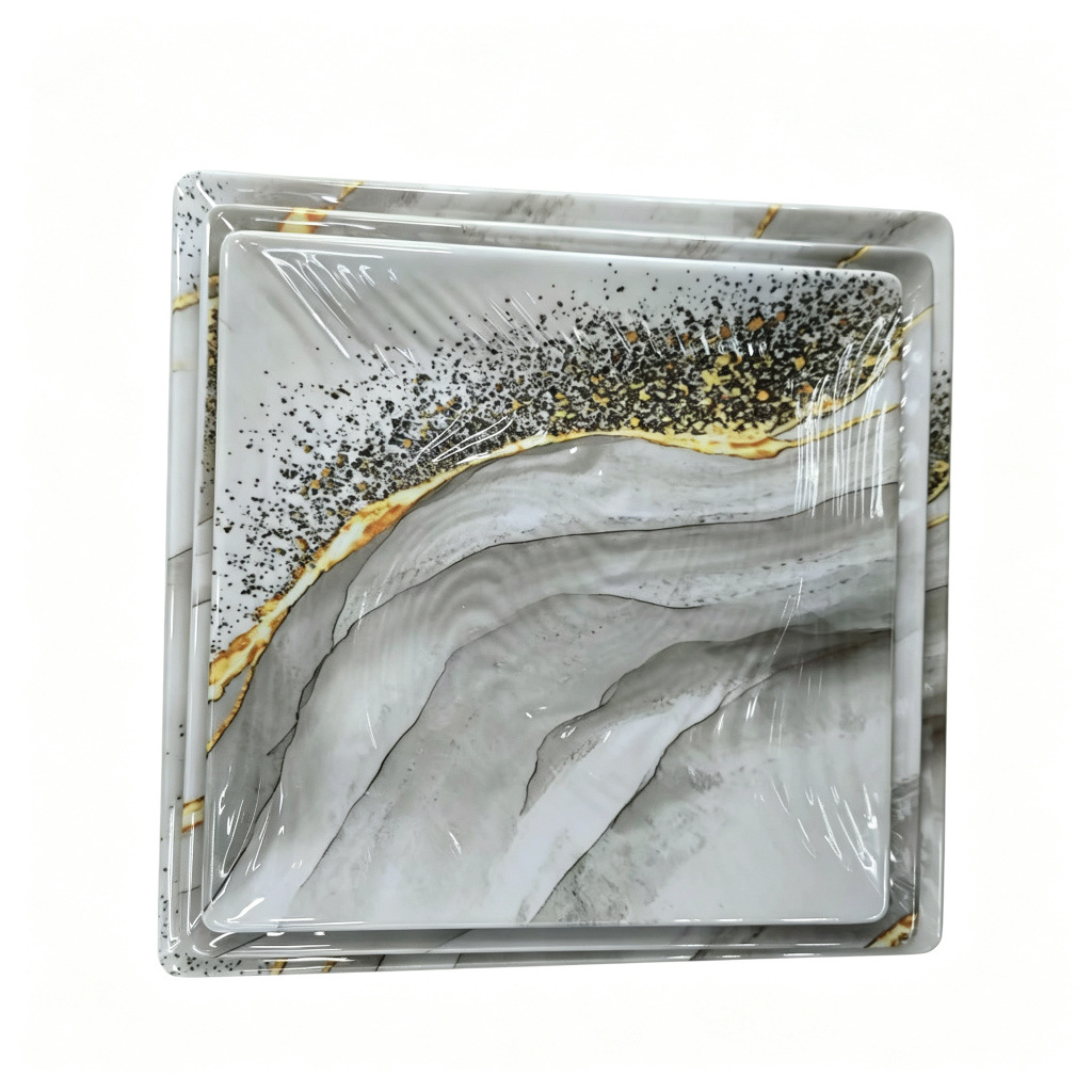 Direct sales from the foreign trade manufacturer of grayish-white marble-patterned dinner plates in commercial stock. Durable and wear-resistant round melamine products Specification image