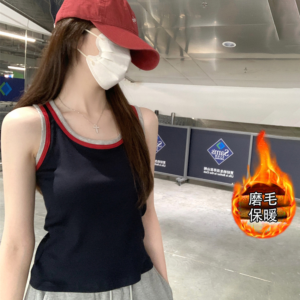 For autumn and winter, wear a Korean-style contrasting color brushed halter top for warmth, a fixed cup strap, a chest pad, and a sleeveless top as a base layer Specification drawing