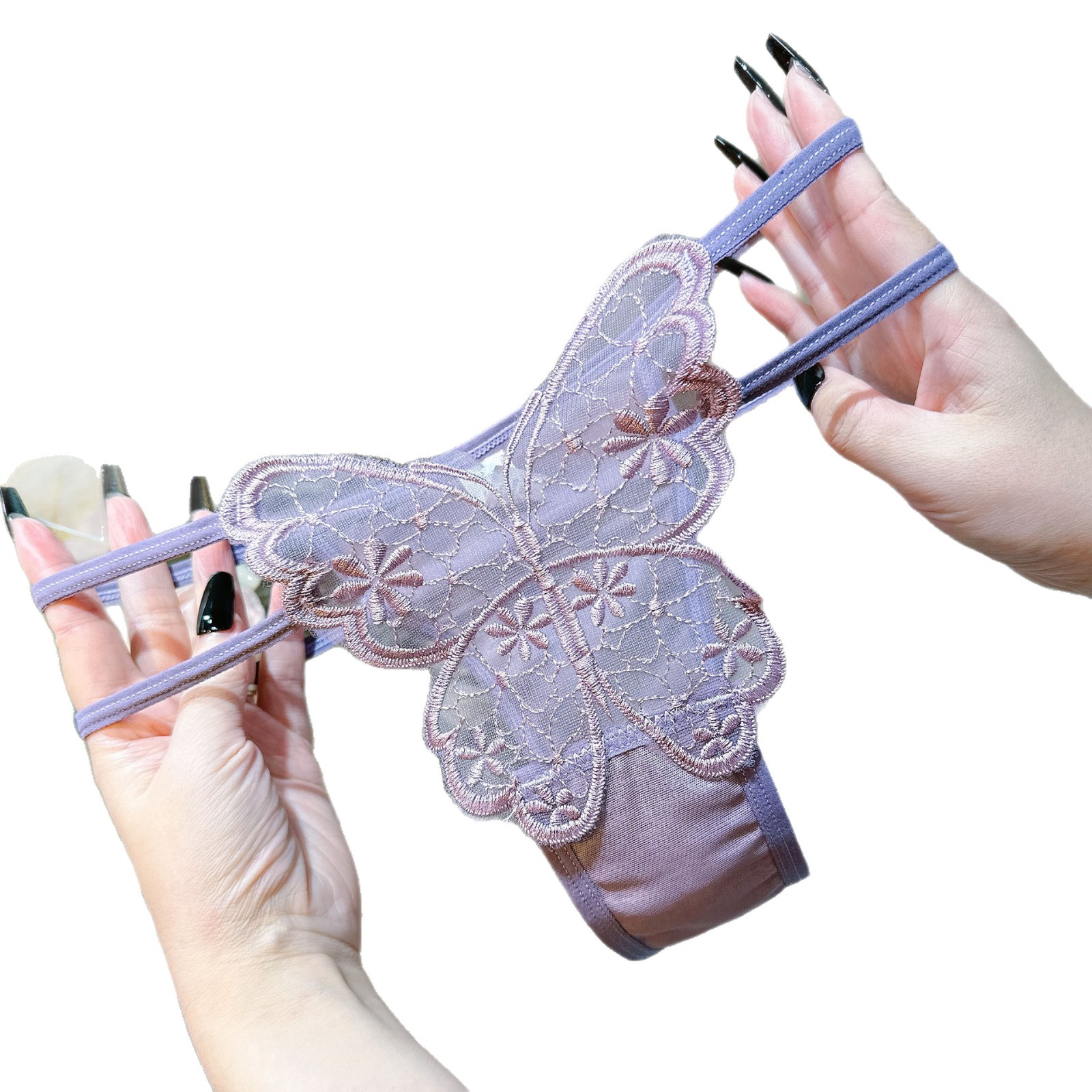 New mesh women's butterfly-embroidered underpants - sexy, thin straps, comfortable, seamless, low-waisted T-shaped underpants for women Item Picture