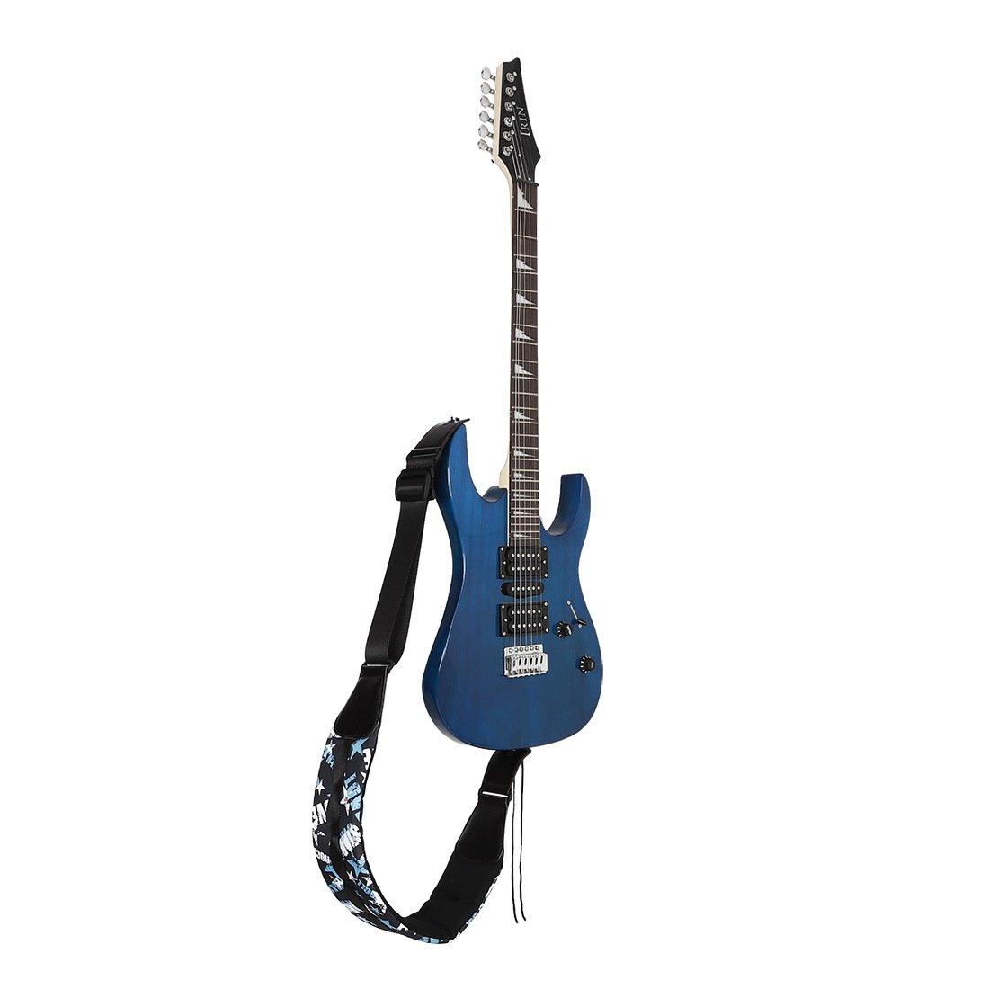 The guitar strap is made of cotton, thickened and widened, adjustable leather strap, pressure-reducing strap, and blue and white star bass shoulder strap details Picture