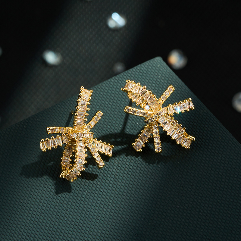 Light luxury and high-end bow stud earrings, copper alloy, real gold electroplated, square zirconium s925 silver needle, versatile commuting earrings