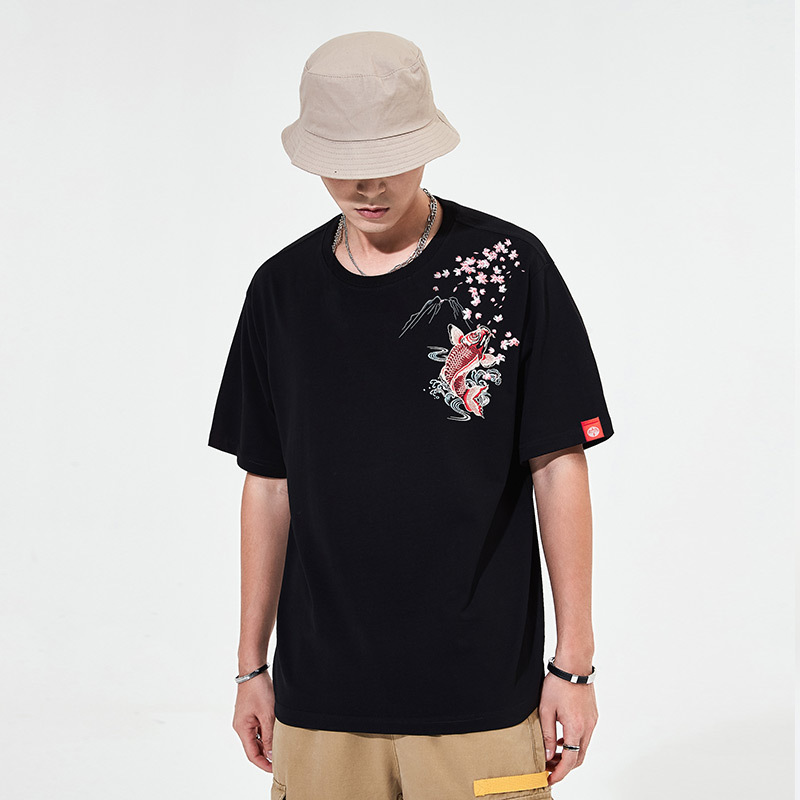 Summer new Chinese-style heavy embroidery carp pure cotton loose ethnic style men's short-sleeved T-shirts for men and women details Picture