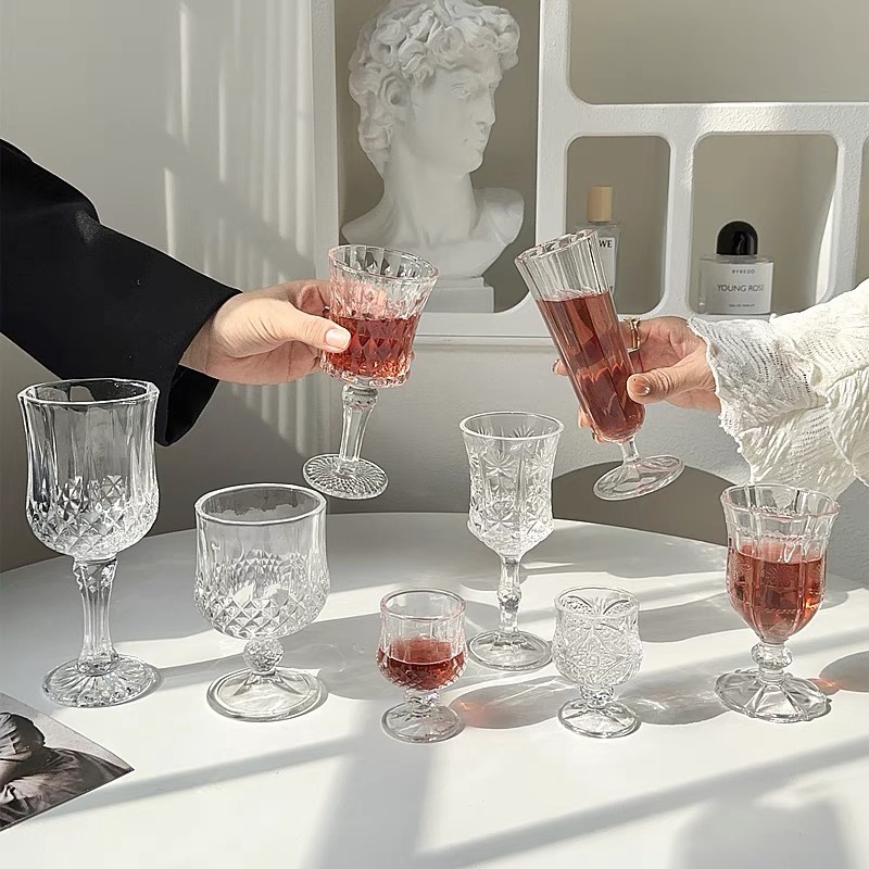 氛围感酒杯高端精致杯子复古浮雕钻石杯玻璃杯高脚杯香槟杯果汁杯