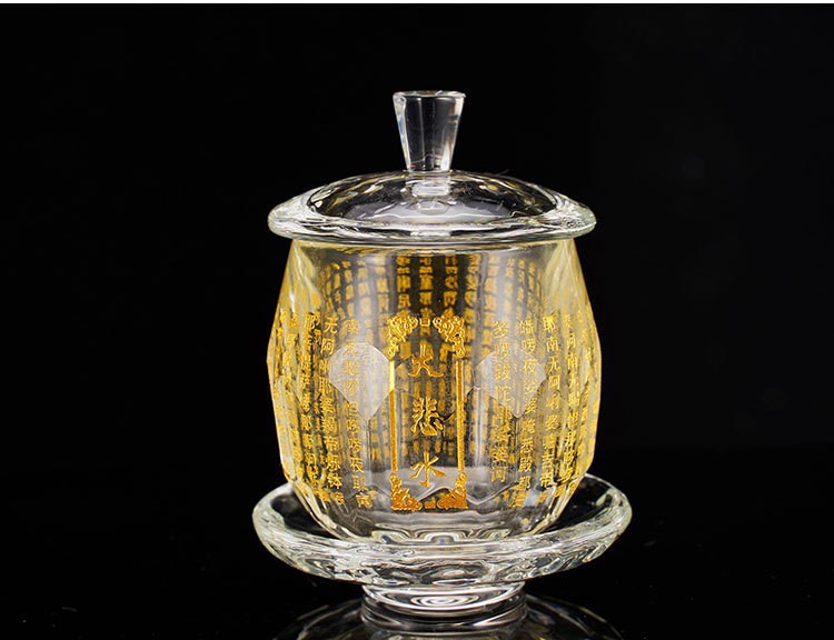 Factory direct sales of Buddha Hall water supply cup ornaments, Great Compassion Mantra Holy Water Cup, crystal offering cup, Guanyin Buddha Dharma Monk Purified Water Cup Application Scenario