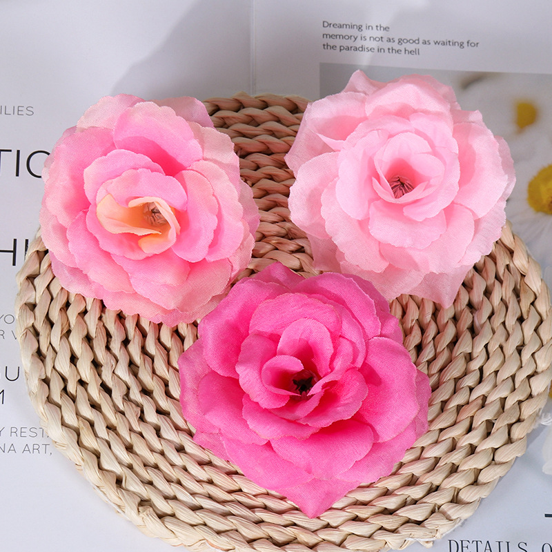 仿真8CM玫瑰花头批发婚礼花墙布置绿植插花 万圣节头饰玫瑰绢布花产品图